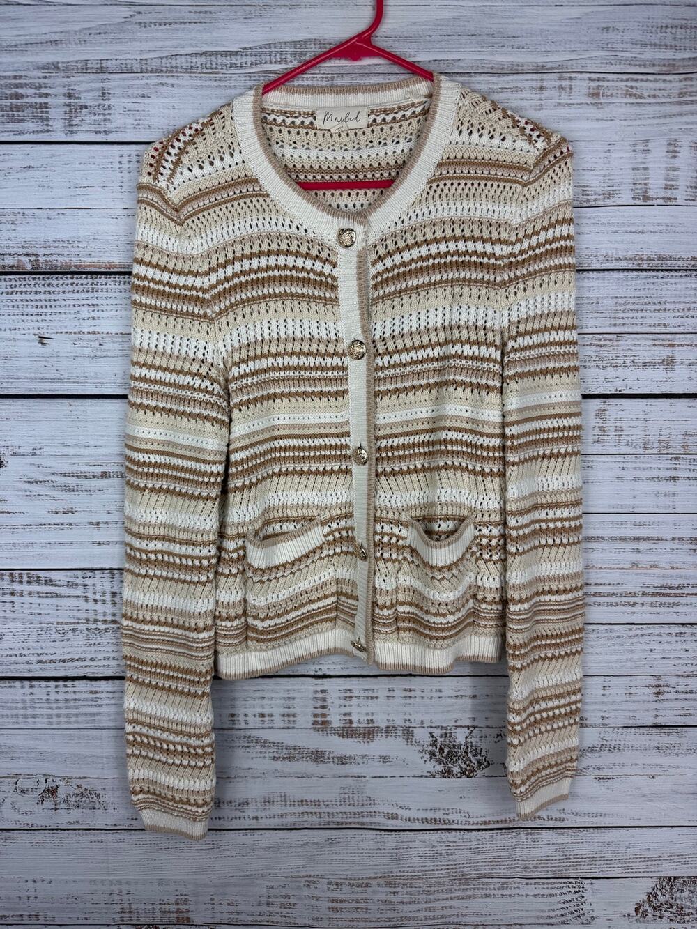Marbled Crochet Knit Cardigan Sweater Gold Buttons Neutral Cream Brown Cottage